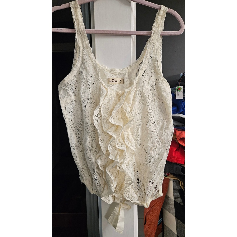 Fairycore Vintage Hollister Cream Lace Ruffle Tie Front Tank Top Sleeveless M
